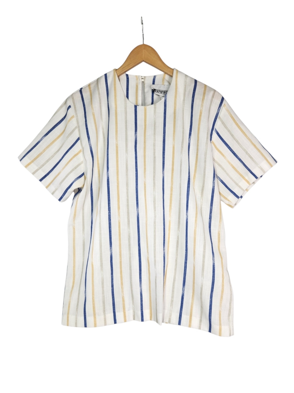 VTG Peter Popovitch Striped Blouse Cream Blue Yellow Linen Blend Med /XL Coastal